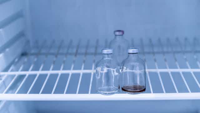 A photo of three empty vaccine vials in a freezer.
