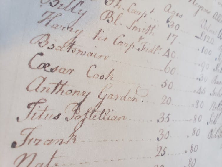 Detail from a 1782 inventory of Phillip Ludwell Lee's estate, listing the name of chocolatier and chef, Caesar.