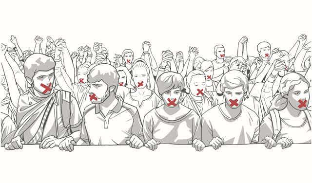 Illustration of young crowd demonstrating with red tape on their mouth and holding hands in red and grey