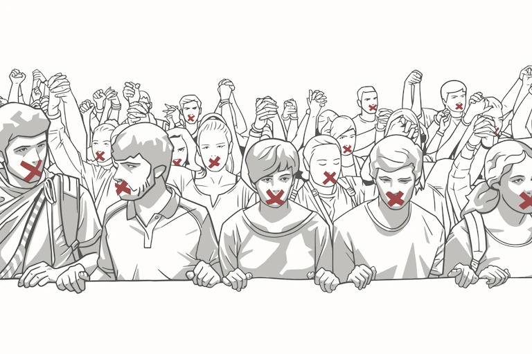Illustration of young crowd demonstrating with red tape on their mouth and holding hands in red and grey