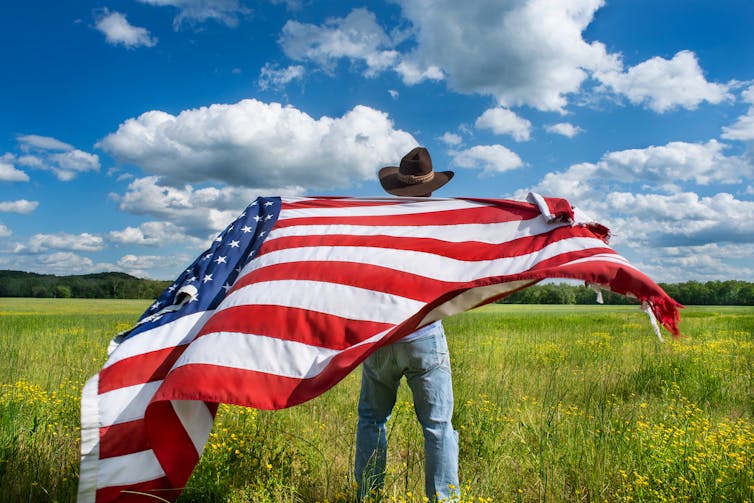 A man in cowboy hat holds USA flag and stands in field.
