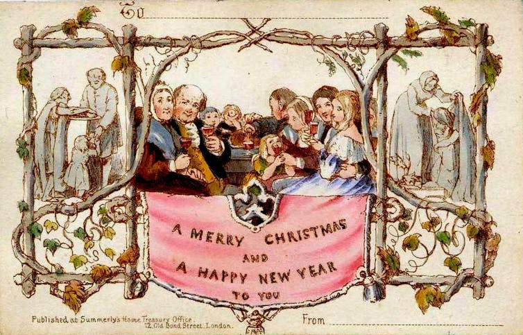 first Christmas card of family in a bountiful feast flanked by people doing acts of charity