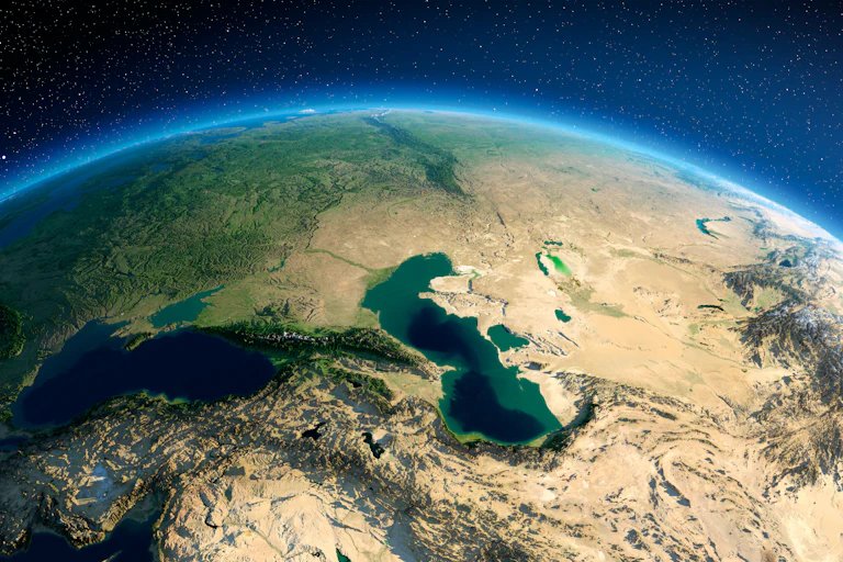 Earth seen from space with large lake visible in centre