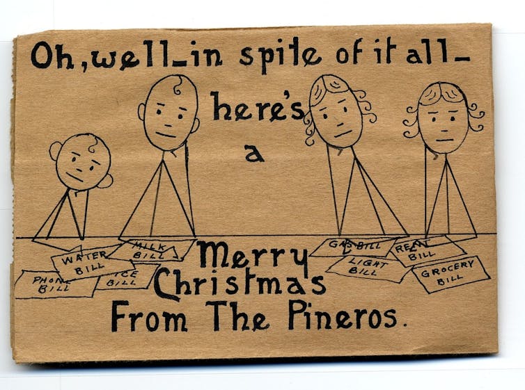 A card of four stick figures poring over bills that say merry xmas.