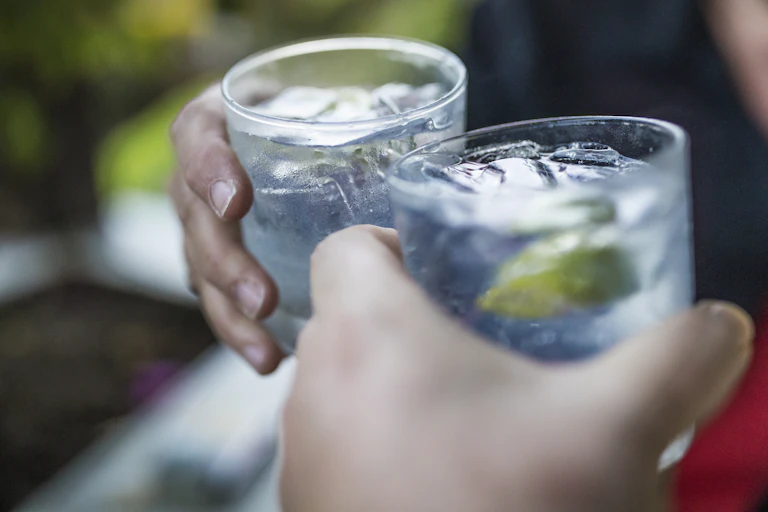 Two people 'cheers' glasses full of ice.