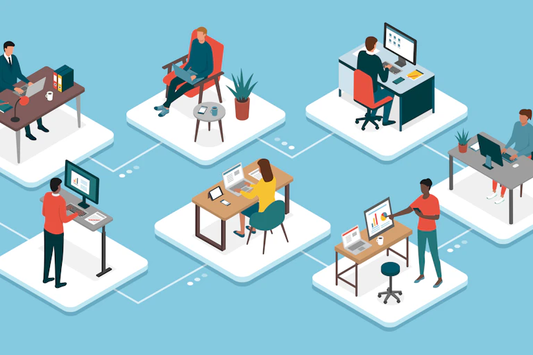 Teleworking and business teamwork: professional workers connecting with their computers and working with their colleagues online, working from home concept