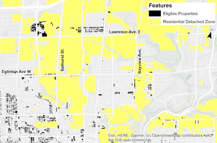 Map of Toronto showing lots eligible for laneway housing