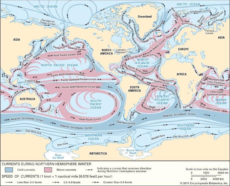 Los giros subtropicales, cuyas aguas se mueven en sentido horario en el hemisferio norte y antihorario en el hemisferio sur, dominan las regiones centrales de los océanos. Arnold Gordon / Britannica