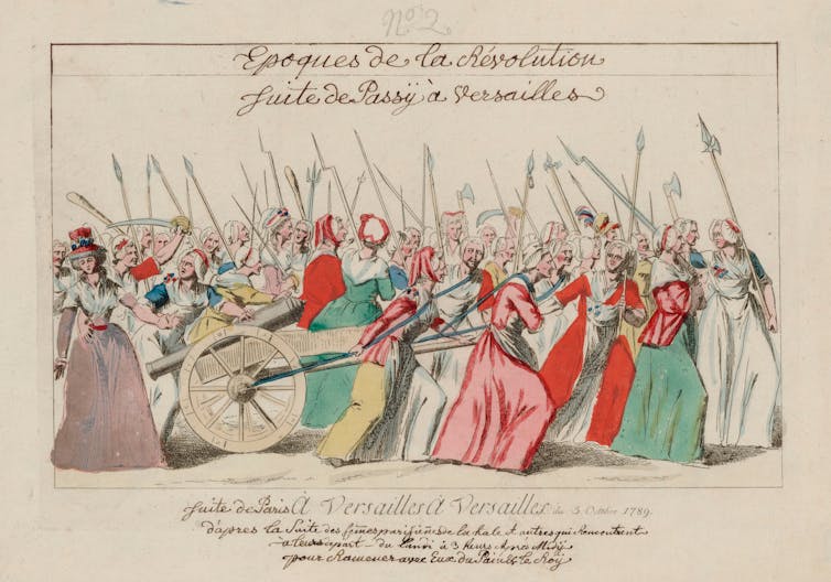 A contemporary illustration of a French food riot in 1789.