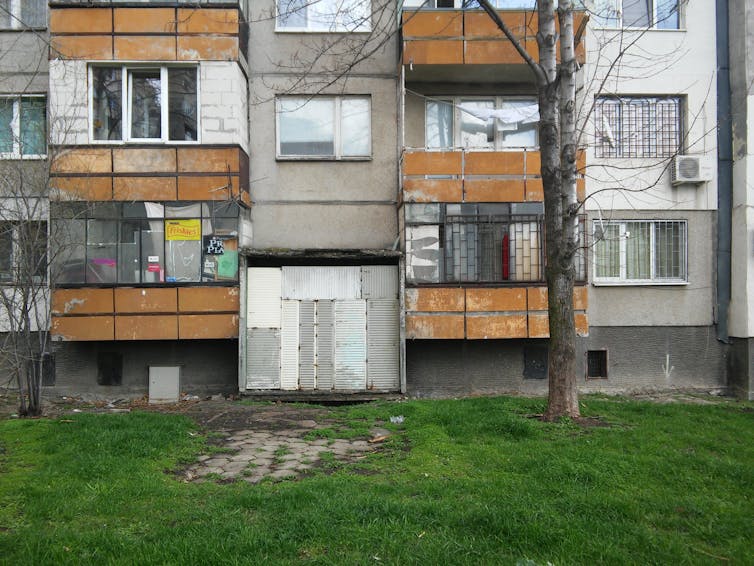 A boarded up block of flats in Bulgaria.