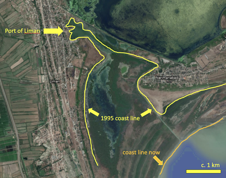 Map showing coastline in Liman, Azerbaijan, in 1995 and today.