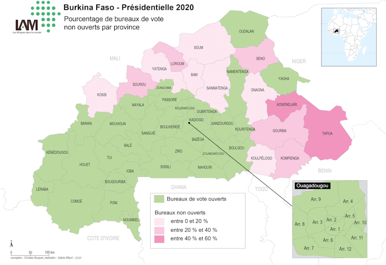 Burkina Faso -- Présidentielle 2020 Pourcentage de bureaux de vote non ouverts par province