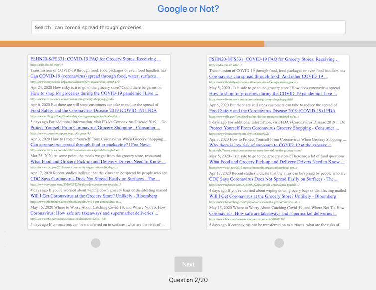 Una captura de pantalla que muestra dos conjuntos de resultados de búsqueda de Google uno al lado del otro.