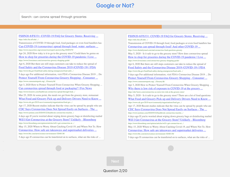 A screenshot showing two sets of Google search results side-by-side