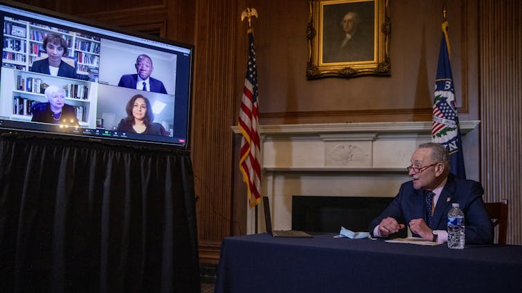 US Senate Minority leader Chuck Schumer in a video conference with Joe Biden's economic nominees.
