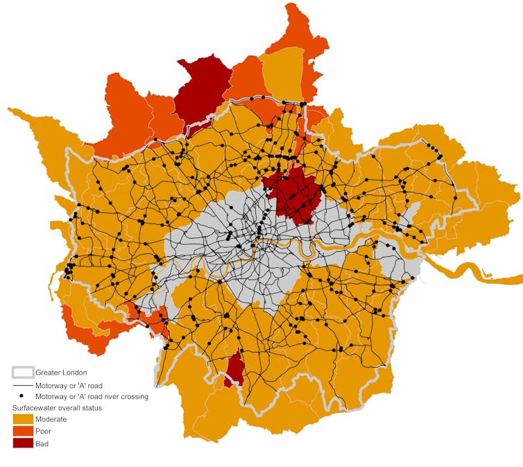 A map showing Greater London's roads and where they cross river tributaries.