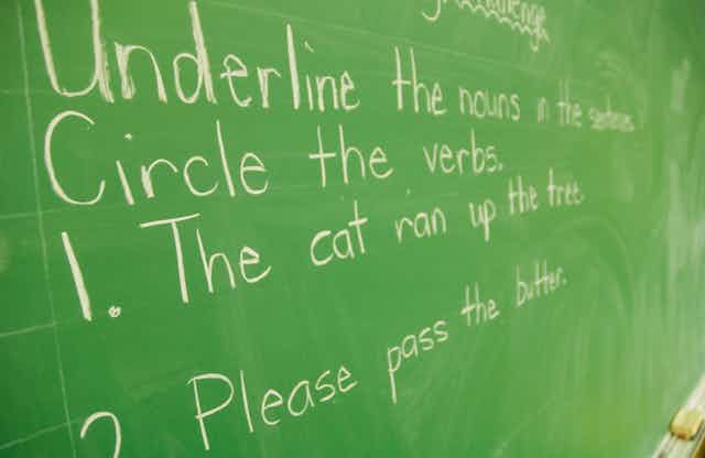 Chalkboard with grammar lesson 
