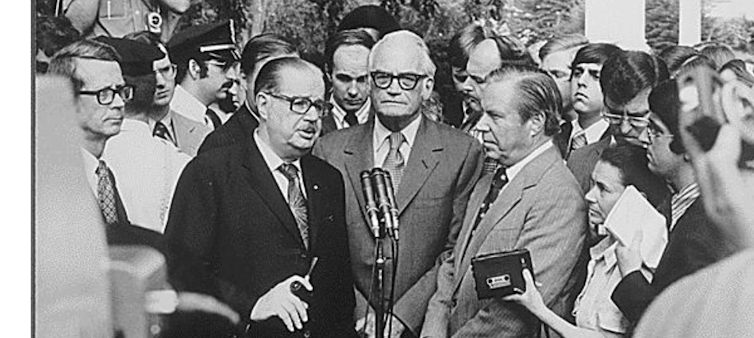 Senate Minority Leader Hugh Scott, Arizona Sen. Barry Goldwater and John Rhodes of Arizona, the House minority leader