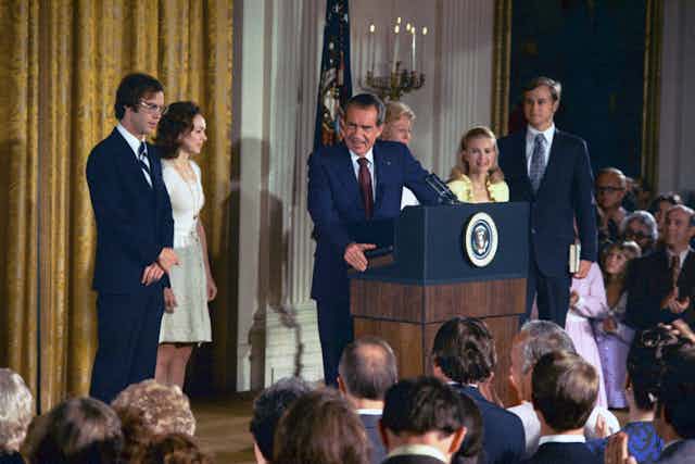 President Richard Nixon at the press conference at which he resigned.