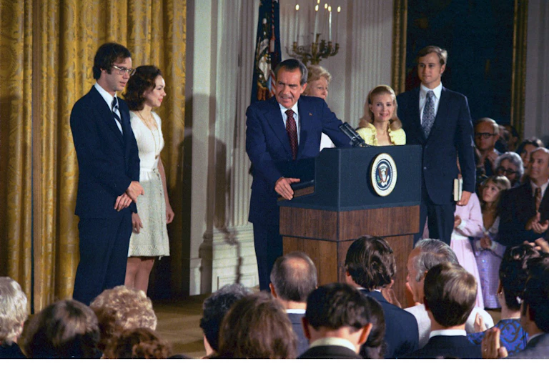 President Richard Nixon at the press conference at which he resigned.