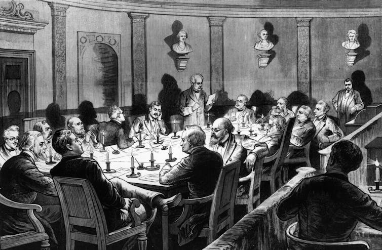 Black and white drawing of men around a table