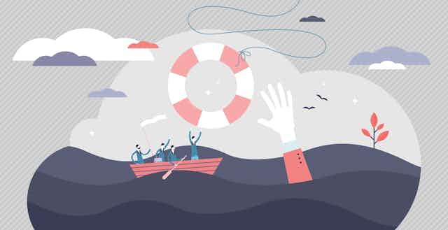 Illustration of people in a row boat and someone reaching for a life preserver