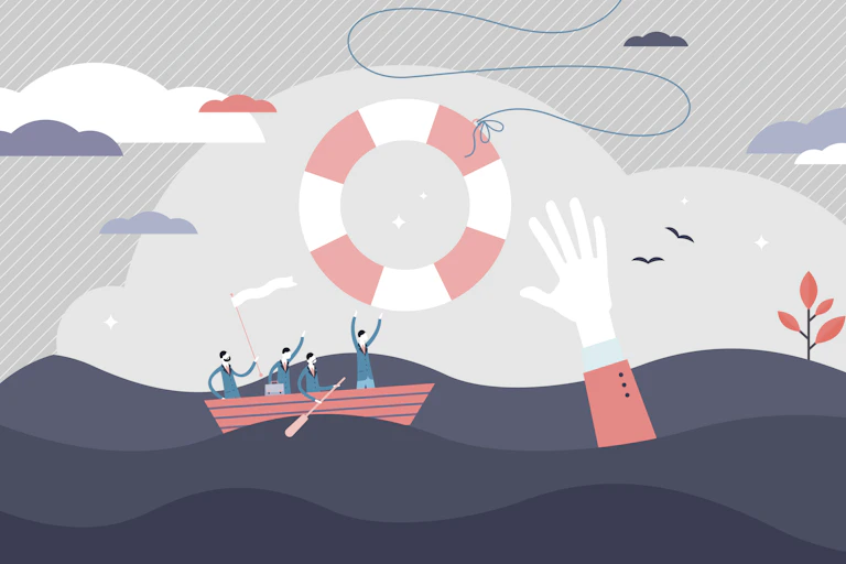 Illustration of people in a row boat and someone reaching for a life preserver