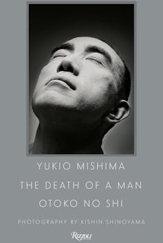 A portrait of Yukio Mishima's face features his face covered in powdered makeup.