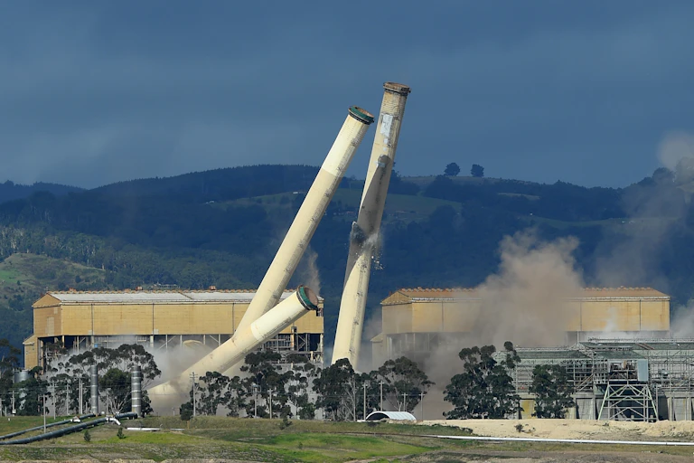 Demolition of Hazelwood power station chimney stacks.