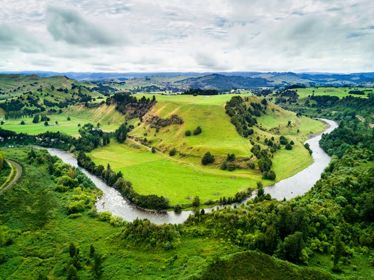 A winding river surrounded by a wooded landscape with hills.