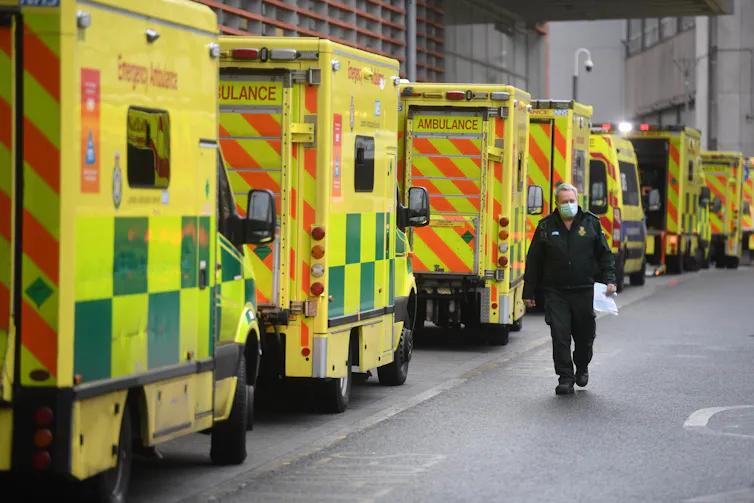 Arriving ambulances queuing outside of the emergency department at a London hospital