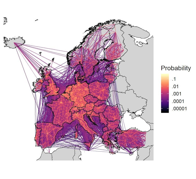 A figure showing relative population movement patterns around Europe based on smartphone data.