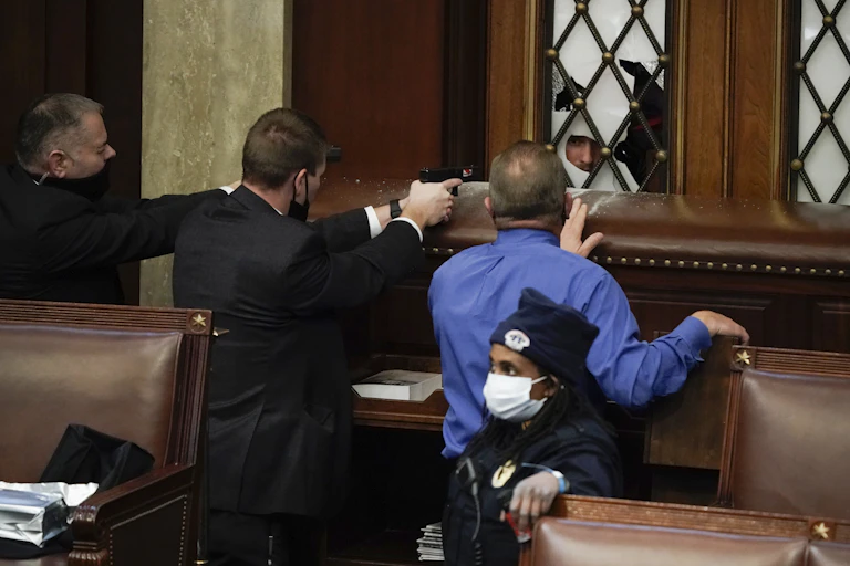 Security guards pull their guns on a protester who is outside of the House chamber