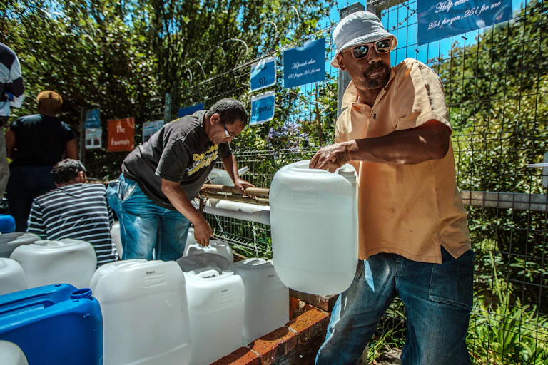 People fill water containers in Cape Town during the drought.