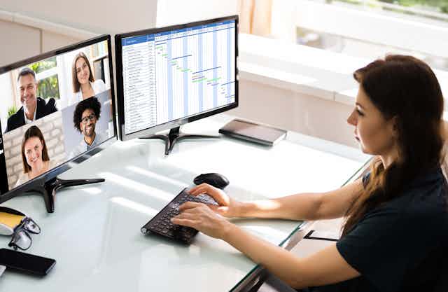 women in teleconference while working from home