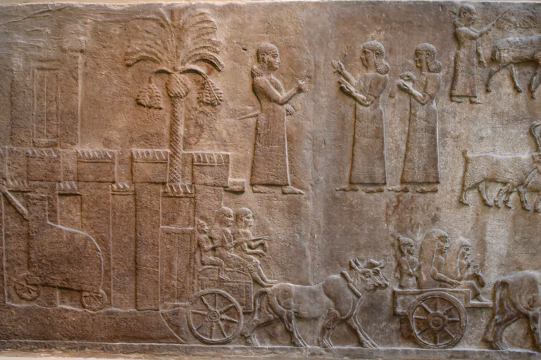 A gypsum wall relief from the British Museum shows one of the military campaigns of the Assyrian king Tiglath-pileser III in Babylonia (southern Iraq).