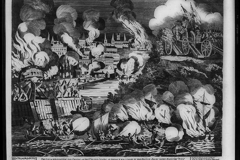 Painting showing the attack by British forces on Washington in 1814.
