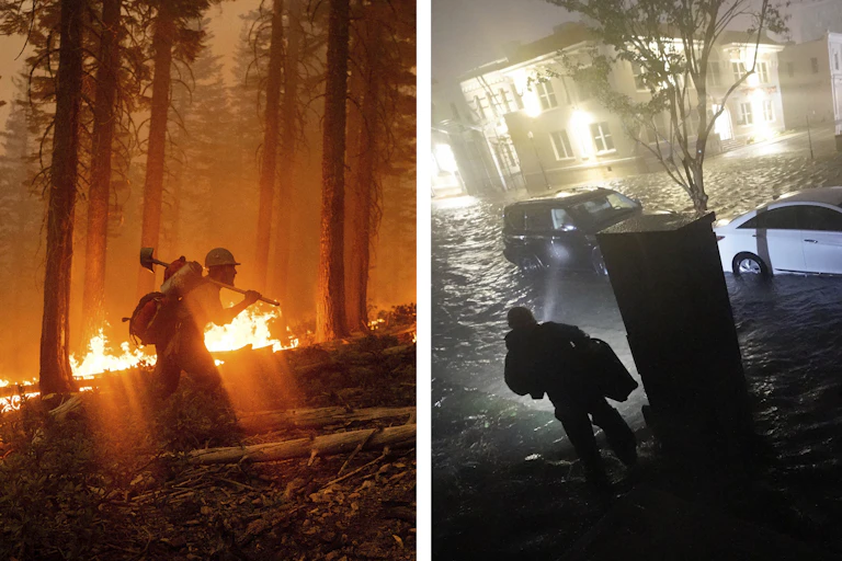 A firefighter in California and hurricane flooding in Florida.