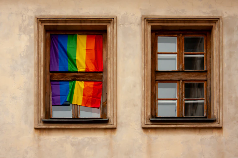 Two wooden frame windows are shown. The window on the left has a rainbow flag draped over it.