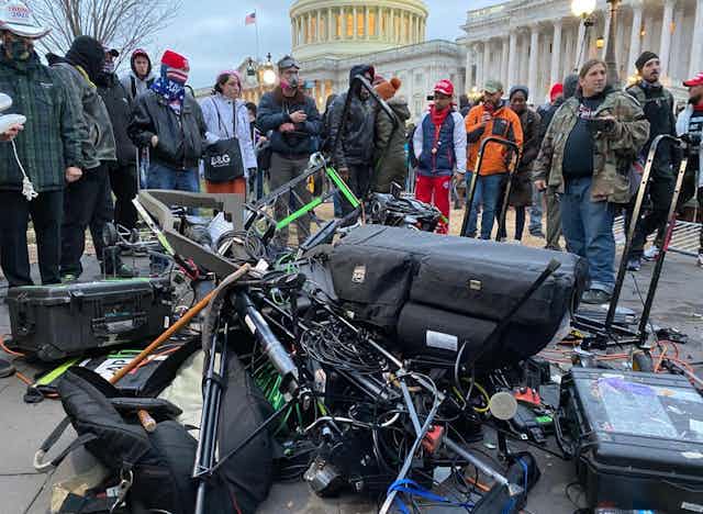 Equipment of media crews damaged during clashes after the US President Donald Trumps supporters breached the US Capitol security in Washington D.C., United States on January 06, 2021. 