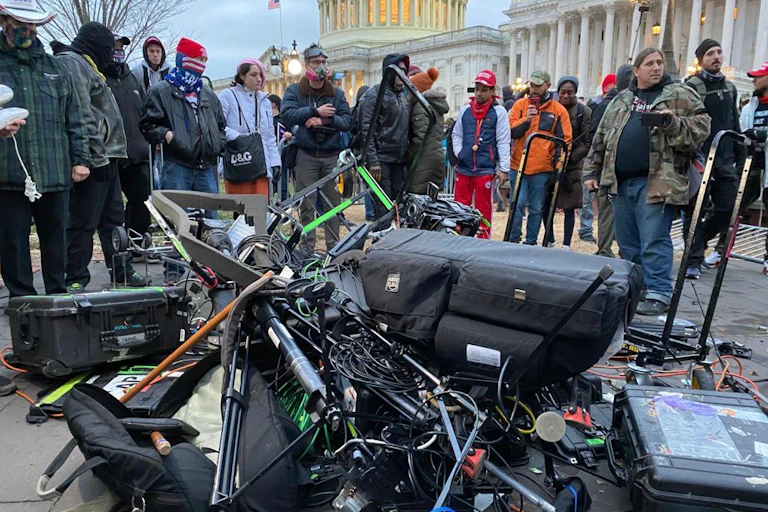 Equipment of media crews damaged during clashes after the US President Donald Trumps supporters breached the US Capitol security in Washington D.C., United States on January 06, 2021.