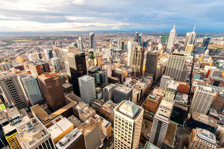 Panorama of Melbourne's city center from a high point