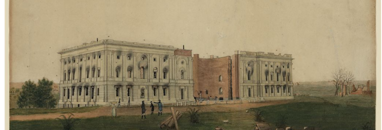 19th-century painting of the US Capitol building after being burned by British troops.