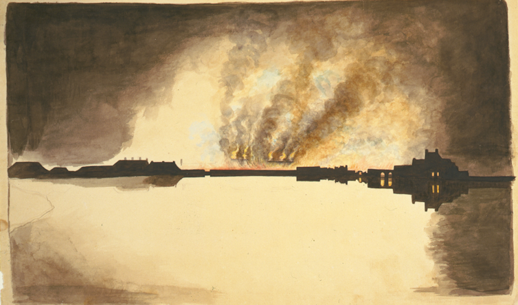 19th-century painting of burning buildings seen from across a rvier.