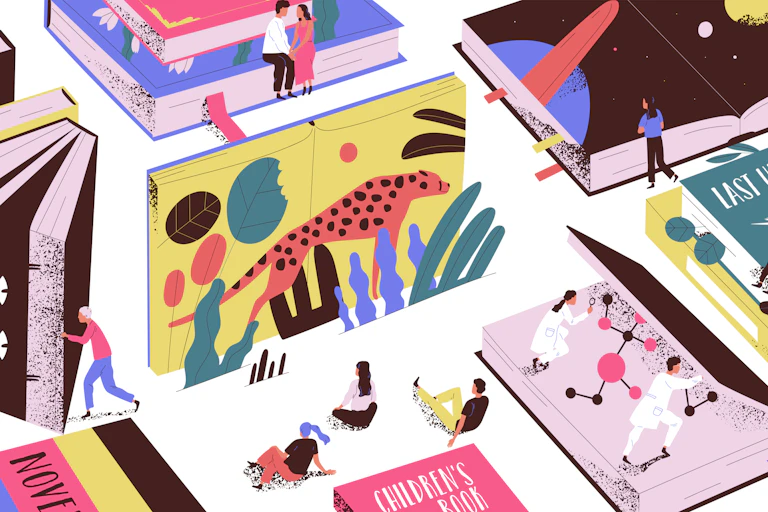 Illustration of colourful books and people reading them.