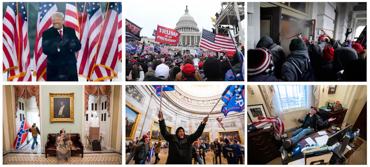 Montage of photographs of Trump, and his supporters storming the Capitol.