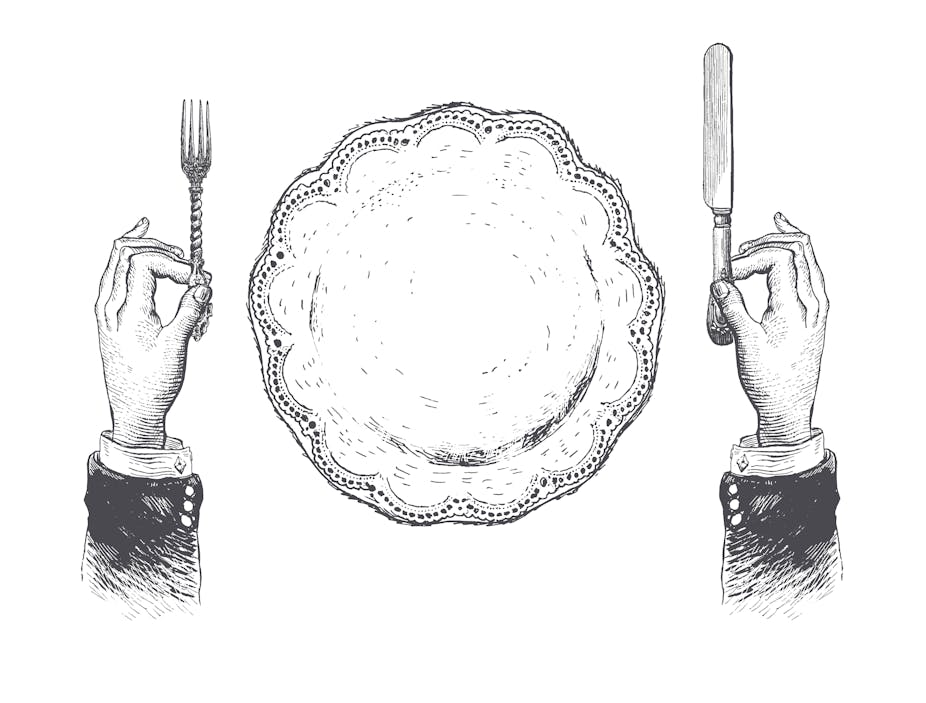 A drawing of a person's hands next to an empty plate.