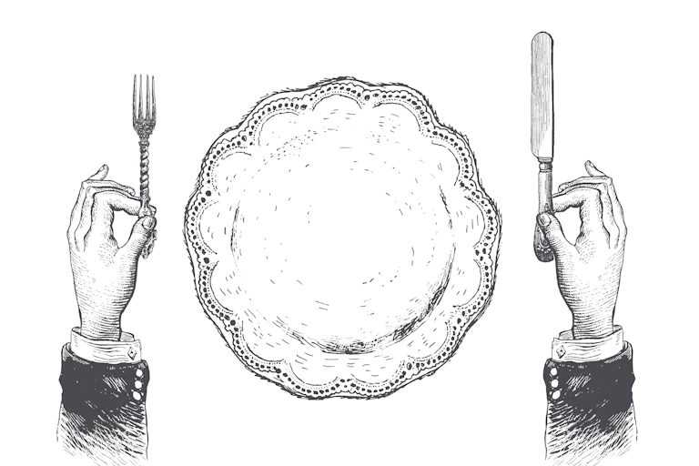 A drawing of a person's hands next to an empty plate.