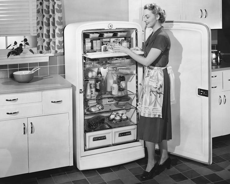 1950s woman showing off her fridge.