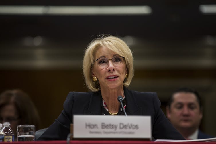 U.S. Secretary of Education Betsy DeVos testifies during a meeting.
